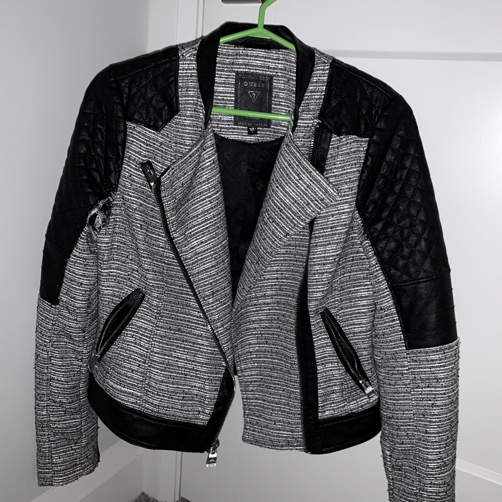 Grey and black leather jacket